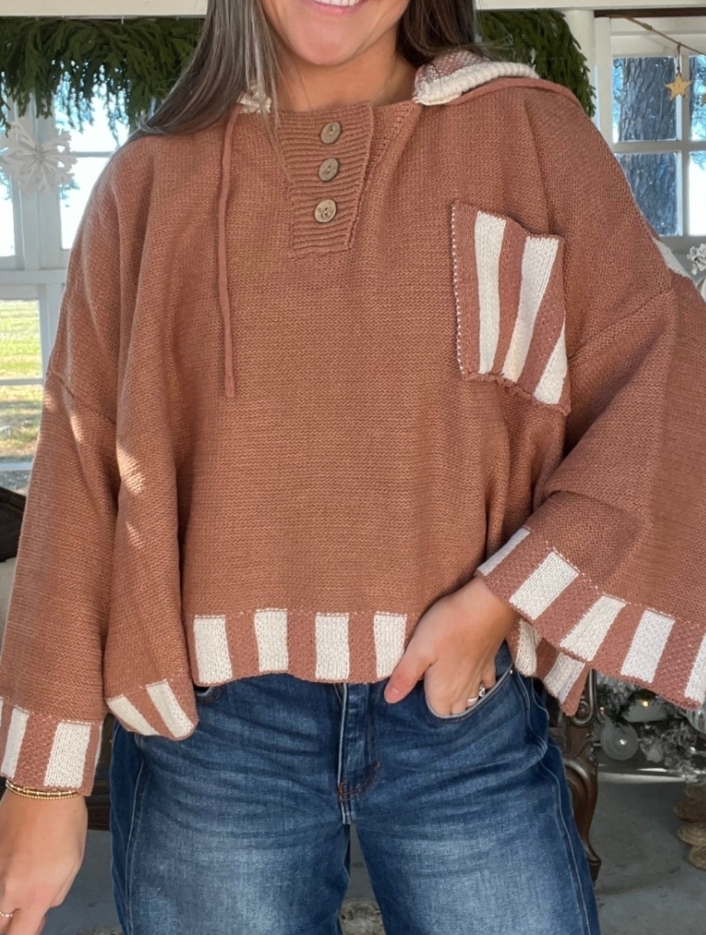 NWT Cozy Rust Hooded Knit Sweater with Contrast Stripes In S